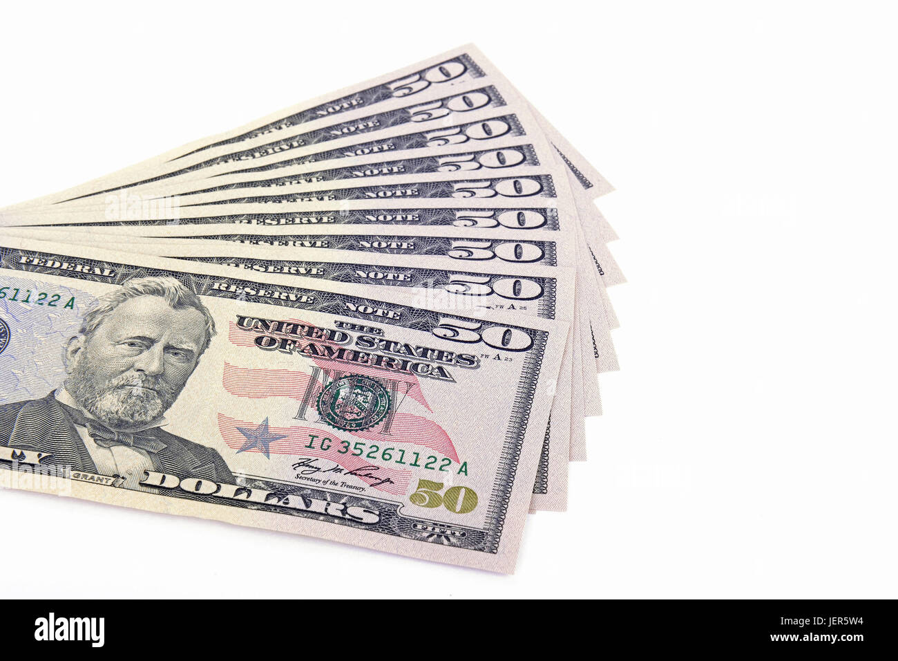 Mehrere 50-Dollar-Noten, Felder, fächerförmig, Mehrere 50 Dollarscheine, Förderjahr, aufgefächert Stockfoto