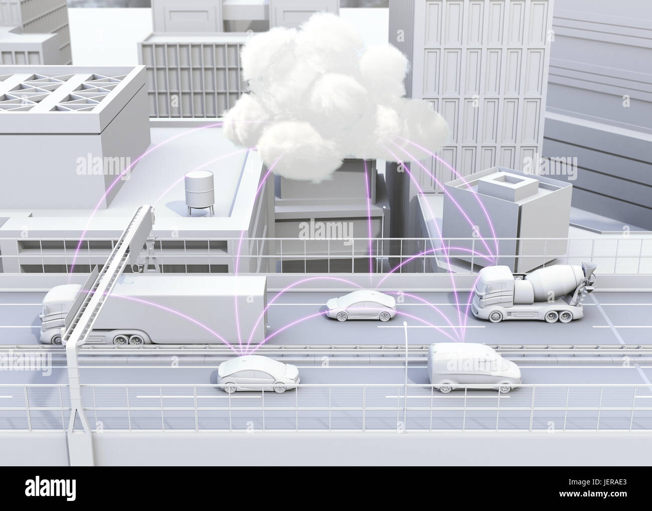 Autos auf der Autobahn Verkehrsinformationen von Computer-Netzwerk zu teilen. Konzept für vernetzte Auto.  3D-Rendering Bild. Stockfoto