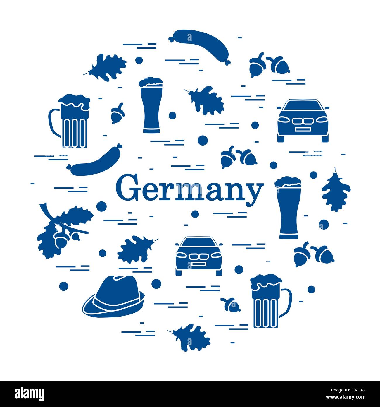 Vector Illustration mit verschiedenen Symbolen in Deutschland arrangiert in einem Kreis. Reisen und Freizeit. Design für Banner, Poster oder Drucken. Stock Vektor