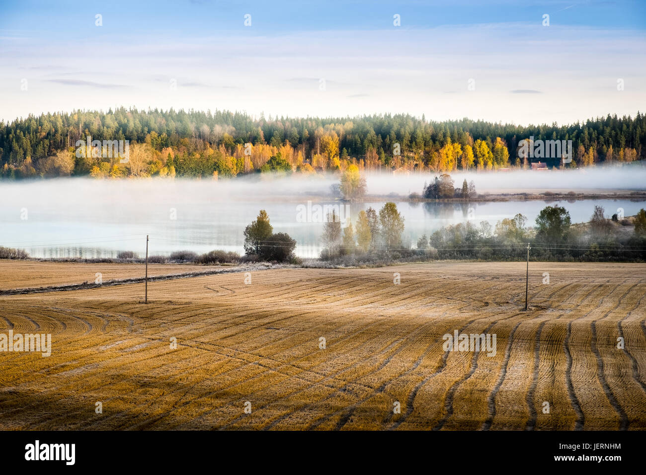 Landschaft mit Herbstfarben und See am Herbstmorgen in Finnland Stockfoto