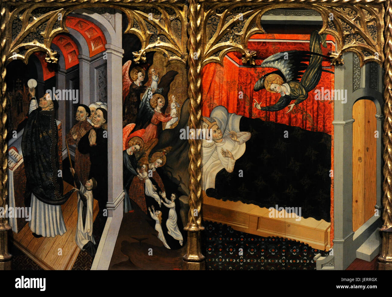 Bernat Despuig (dokumentiert zwischen 1383-1451) und Jaume Cirera (aktive 1418-1449/1450). Altarbild von St. Michael und St. Peter, 1432-1433. Rute mit einer Episode aus dem Leben des Erzengels. Gothic. Aus der Höhe Altar der Kirche von Sant Miquel De La Seu Urgell, Katalonien. Nationalen Kunstmuseum von Katalonien. Barcelona. Katalonien. Spanien. Stockfoto