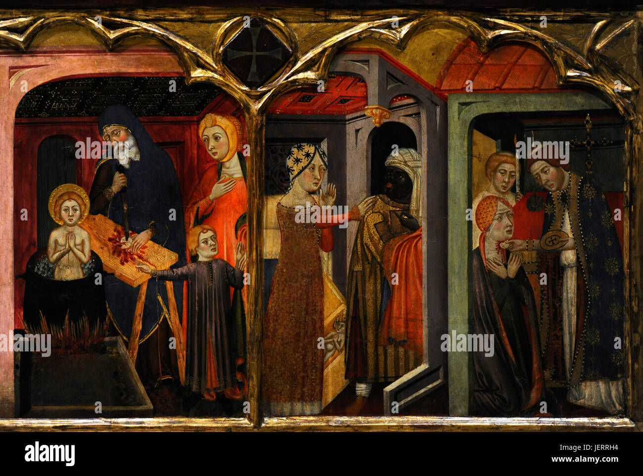 Jaume Serra (aktiv in Barcelona, 1358-d.1389/1395). Spanischer Maler. Altarbild der Jungfrau, ca.1367-1381. Detail der Predella, de eucharistischen Wunder darstellen. Gothic. Aus dem Kloster von Santa Maria de Sigena (Villanueva de Sigena, Provinz Huesca). Nationalen Kunstmuseum von Katalonien. Barcelona. Katalonien. Spanien. Stockfoto