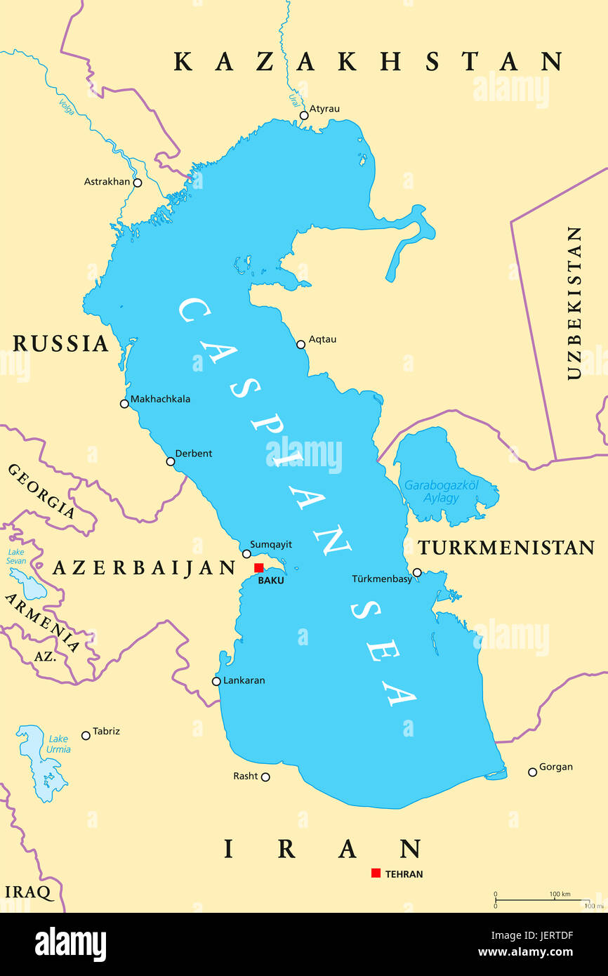 Kaspischen Meer Region politische Karte mit den wichtigsten Städten, Grenzen, Flüssen und Seen. Körper von Wasser, Becken und größte See der Erde. Stockfoto