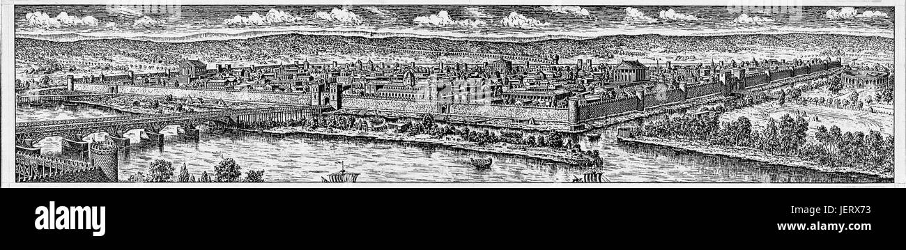 Köln in der Römerzeit, 350 n. Chr.; Zeichnung nach authentischen Informationen. Stockfoto