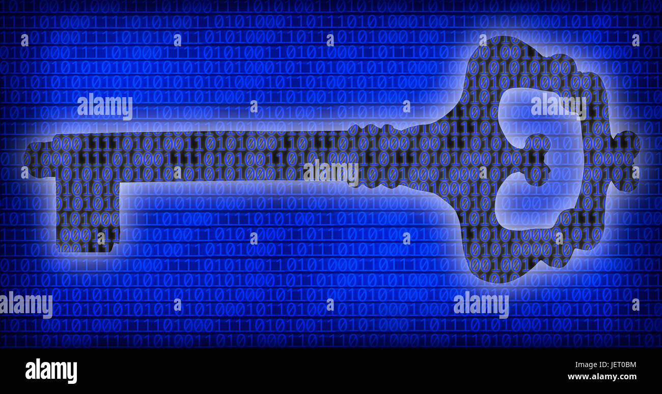 Konzeptbild von Schlüssel und binären Code von eins und Null auf dem blauen Bildschirm. Stockfoto