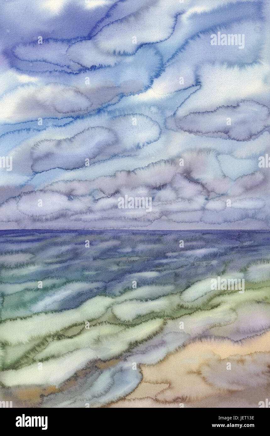 Morgen am Meer mit Wolken Waveswatercolor Hintergrund. Sommerstrand Stockfoto