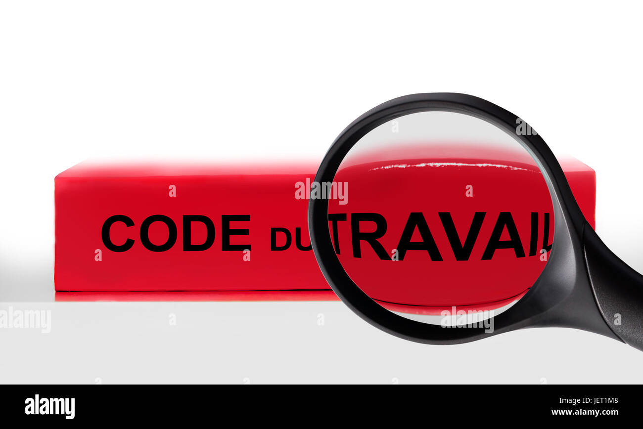 Französischen Arbeits-Code-Buch und Lupe, Arbeitsreform Code Gesetz in Frankreich Konzept Stockfoto