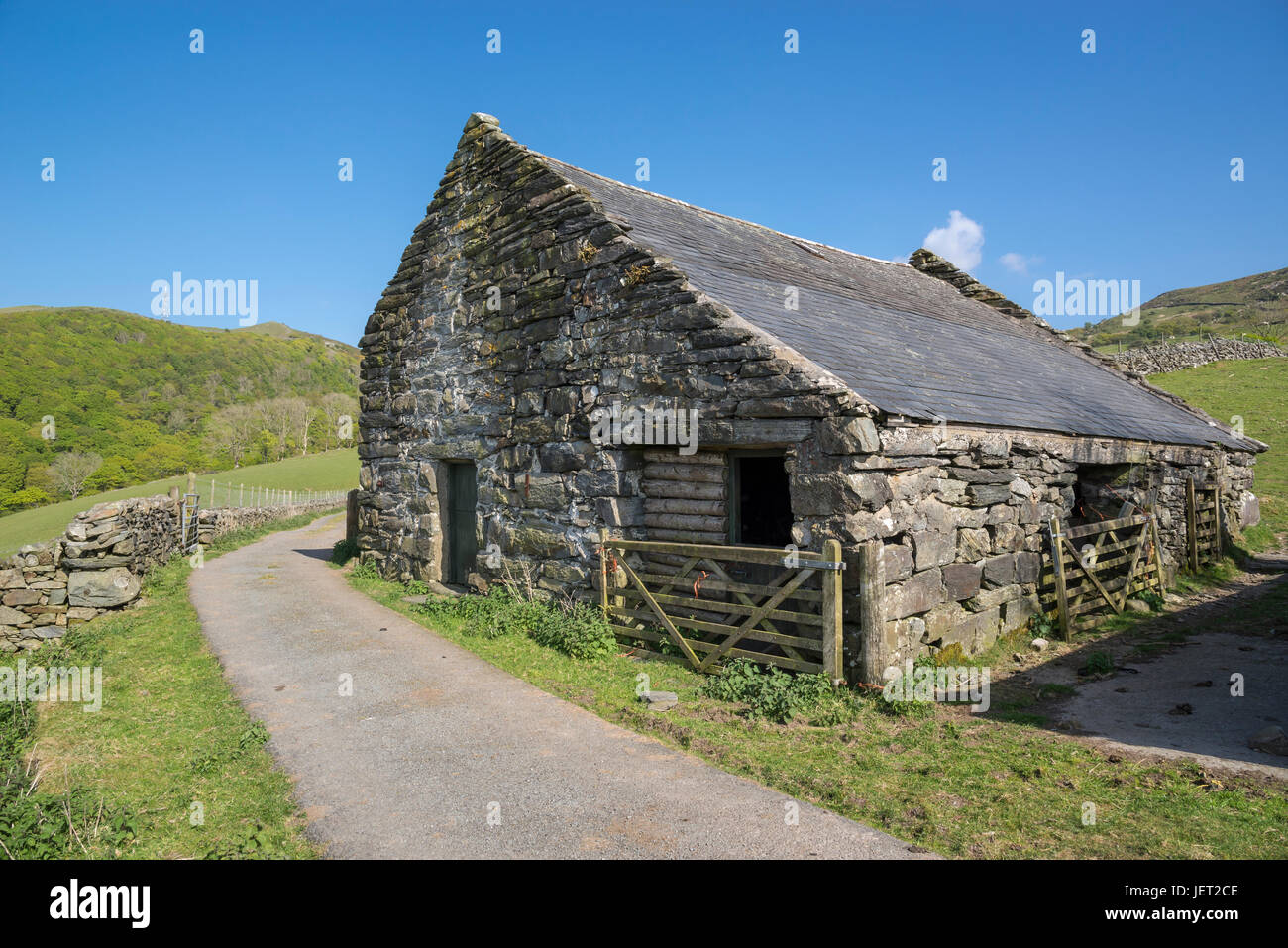 Alte Stein Bauernhof in den Hügeln von Snowdonia, Nordwales. Stockfoto
