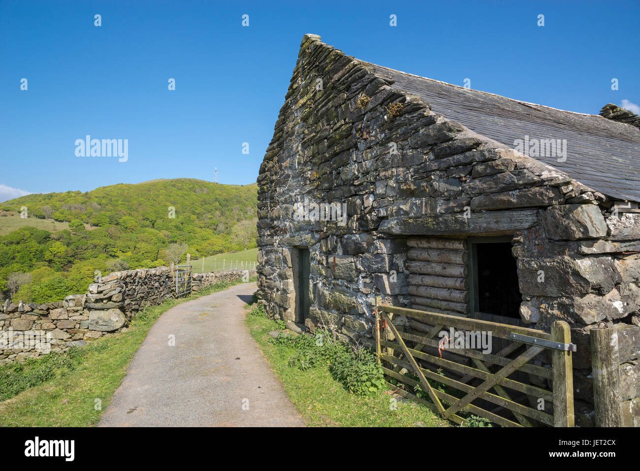 Alte Stein Bauernhof in den Hügeln von Snowdonia, Nordwales. Stockfoto