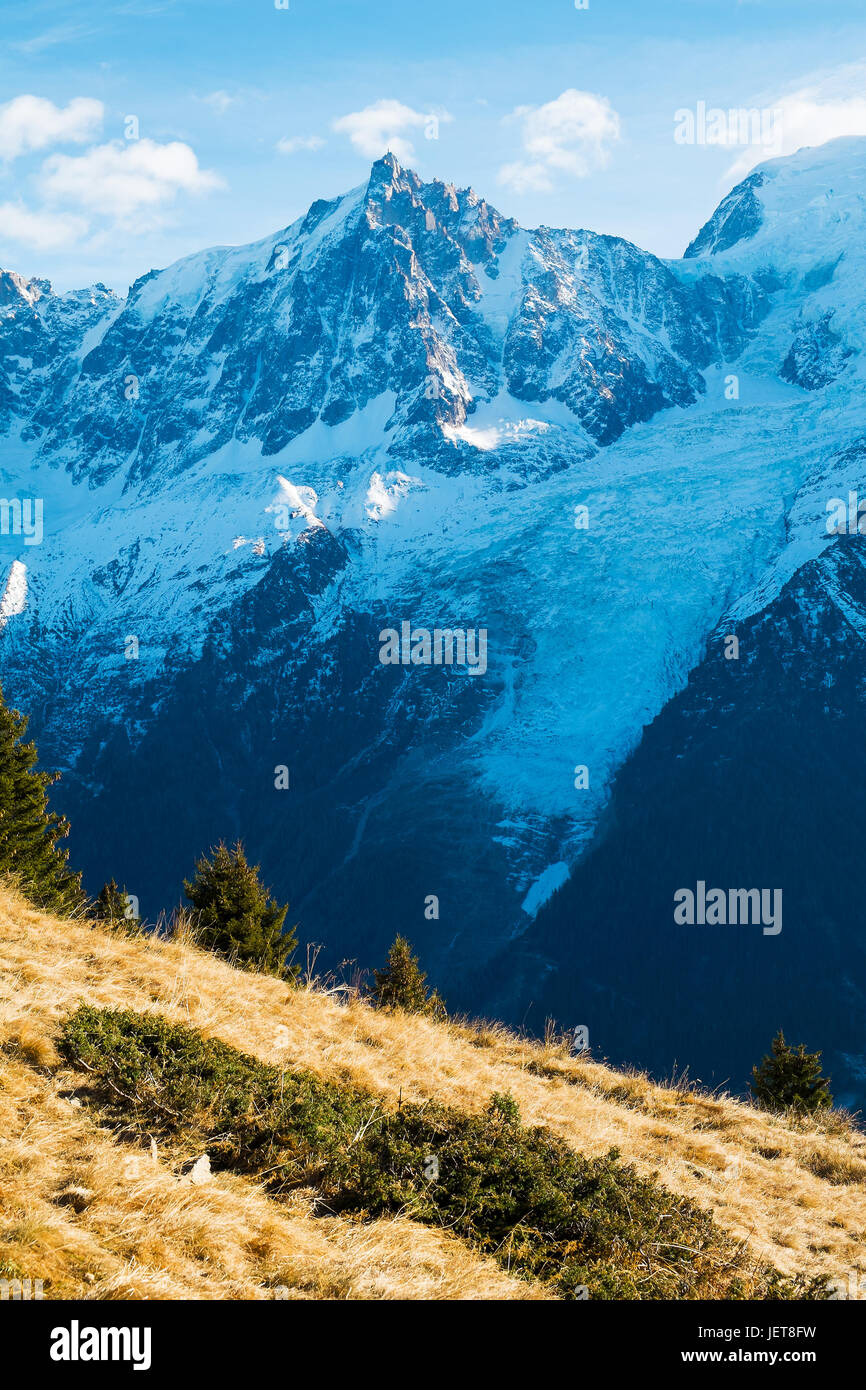 Blick auf den Mont Blanc aus Aiguillette des Houches, Chamonix, Frankreich Stockfoto