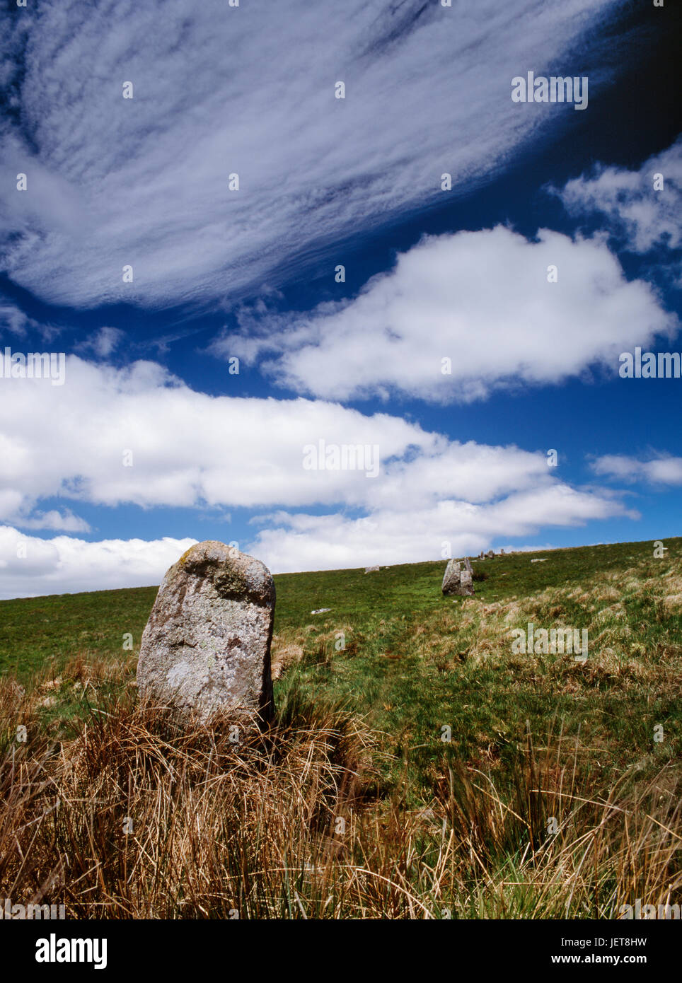 Blick N bergauf vom terminal Stein am unteren Ende (S) der Stalldon Stein Zeile auf Dartmoor. Großen, weit auseinander liegenden Steinen laufen für 550 yds (503m). Stockfoto