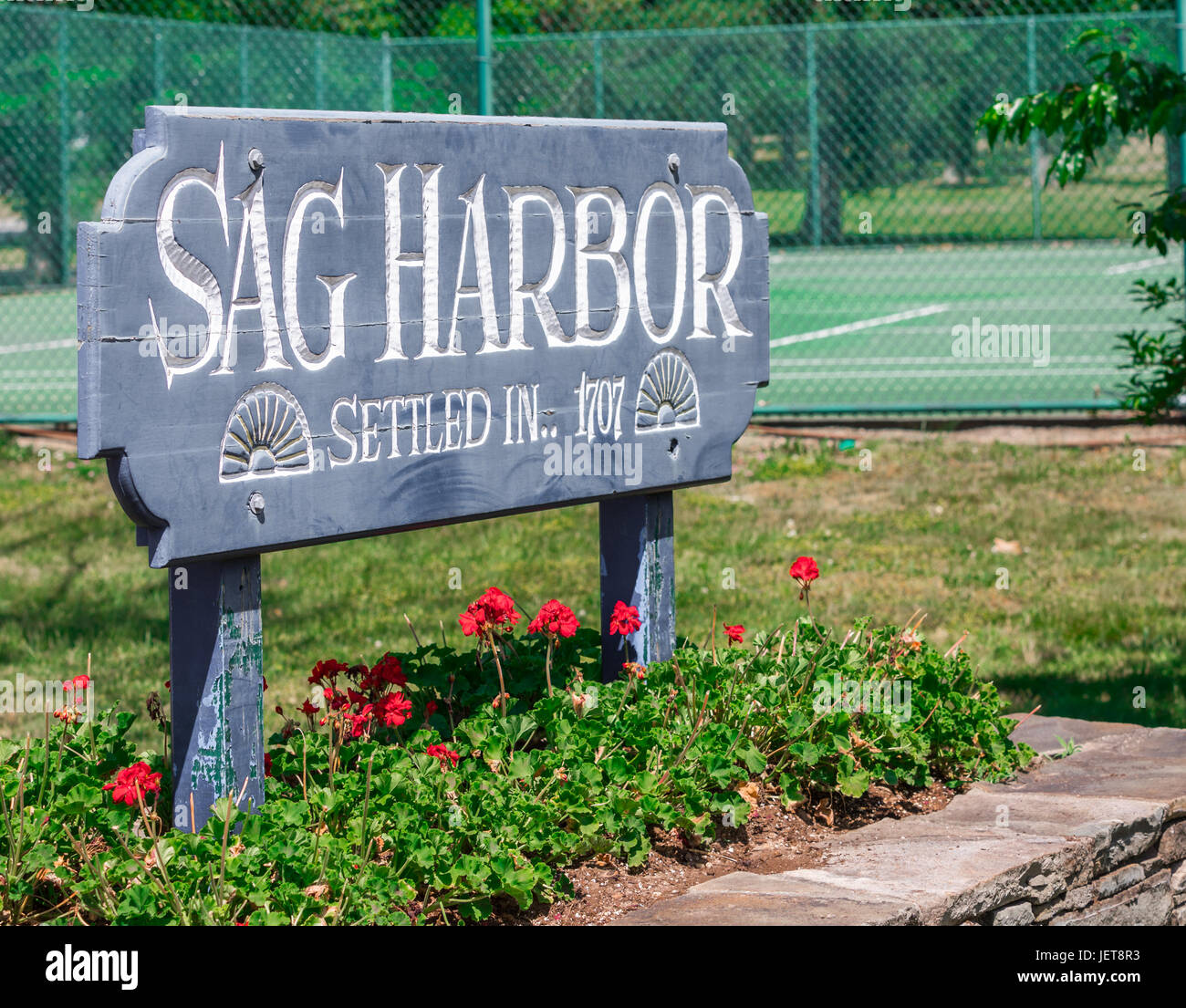 Willkommensschild in Sag Harbor New York Stockfoto