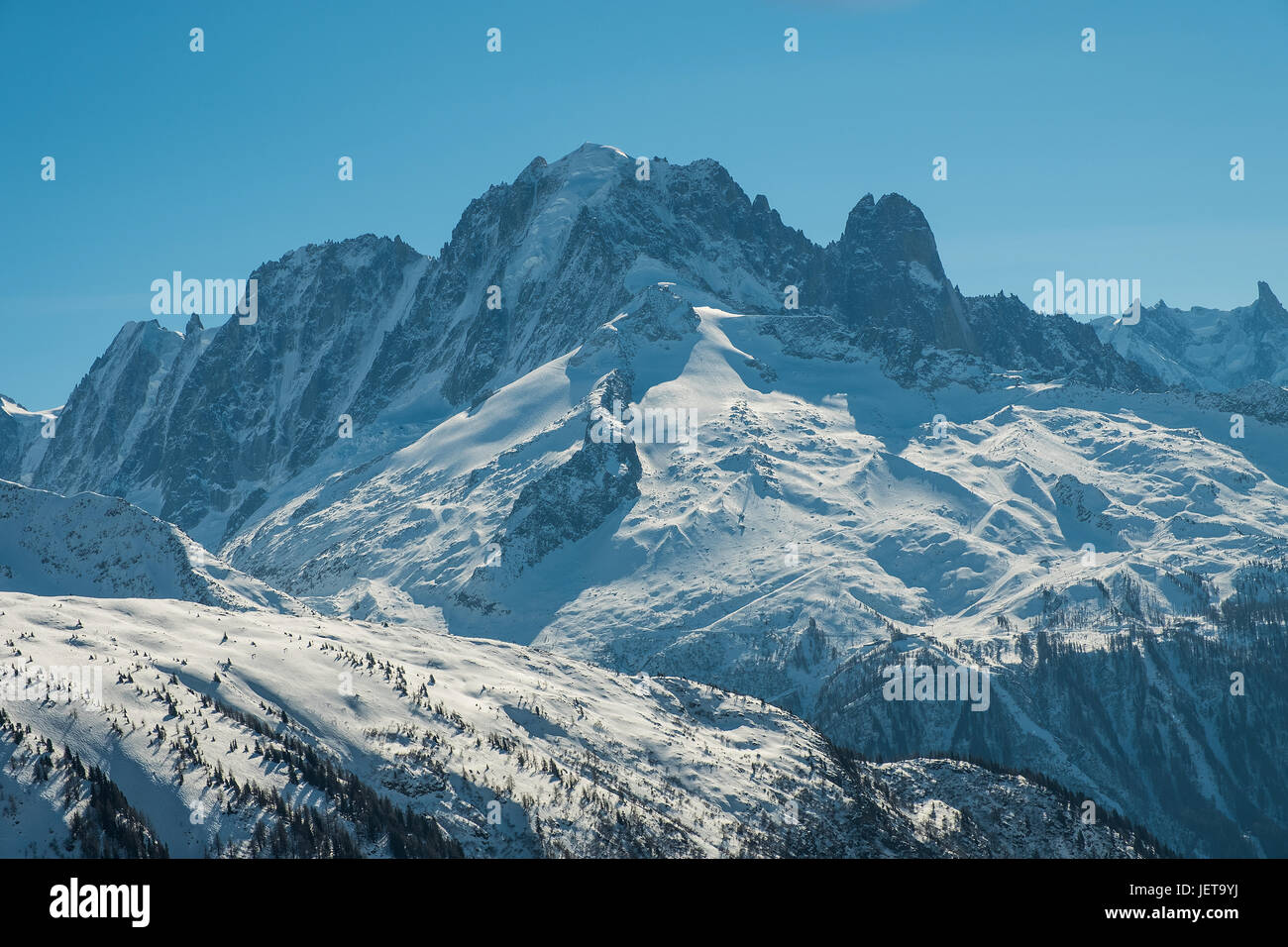 Blick auf den Mont Blanc vom Chalet De La Loriaz, Chamonix, Frankreich Stockfoto