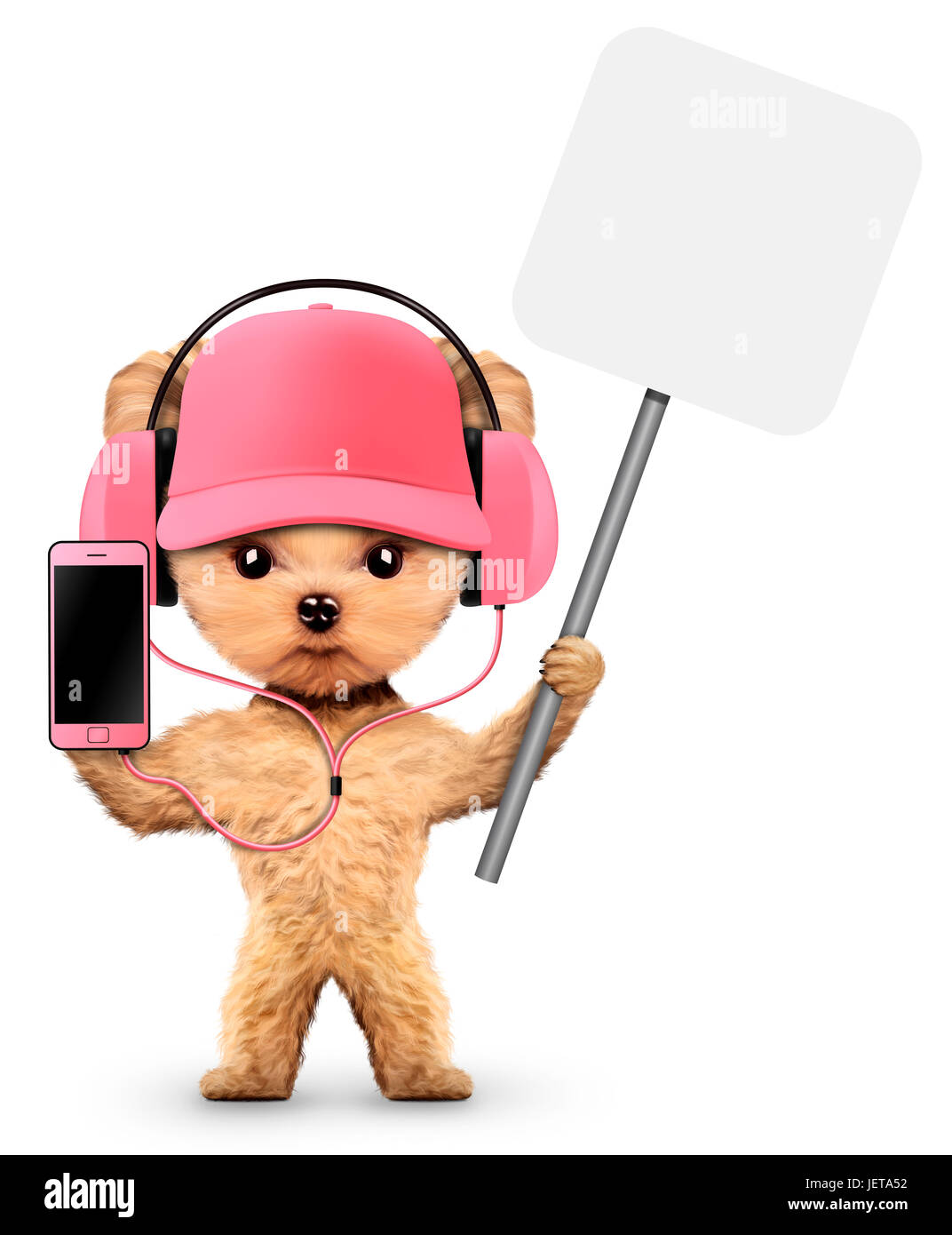 Lustiger Hund hält einen Banner und smartphone Stockfoto