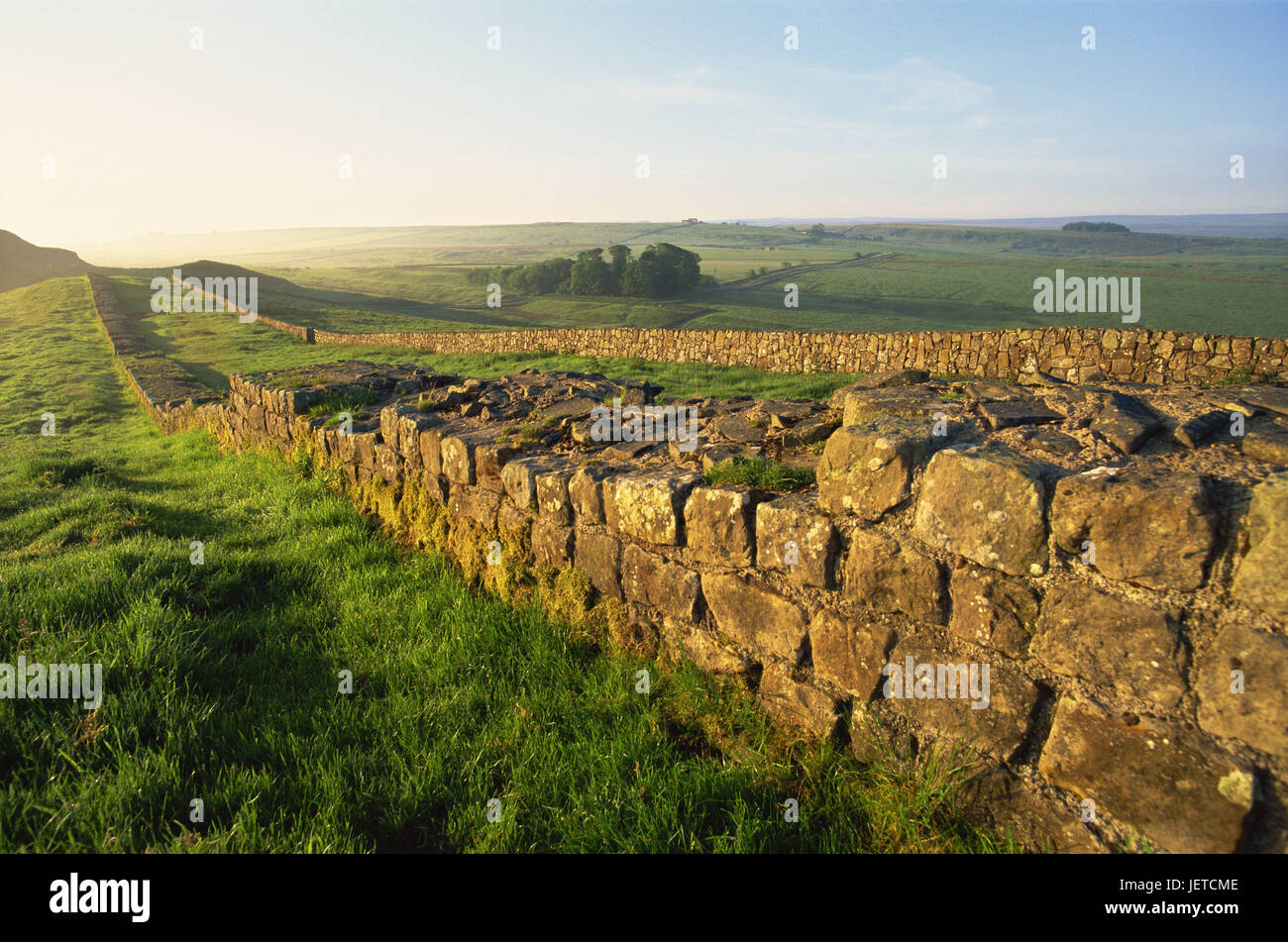 Großbritannien, England, Houesteads, Hadrian Damm, Landschaft, Europa, Ausgrabungen, Sehenswürdigkeiten, Stadtmauer, Reste der Stadtmauer, Ruine, Hügellandschaft, Stein Mauer, Kultur, historisch, Breite, Abstand, Blick, menschenleer, Morgenlicht, Stockfoto