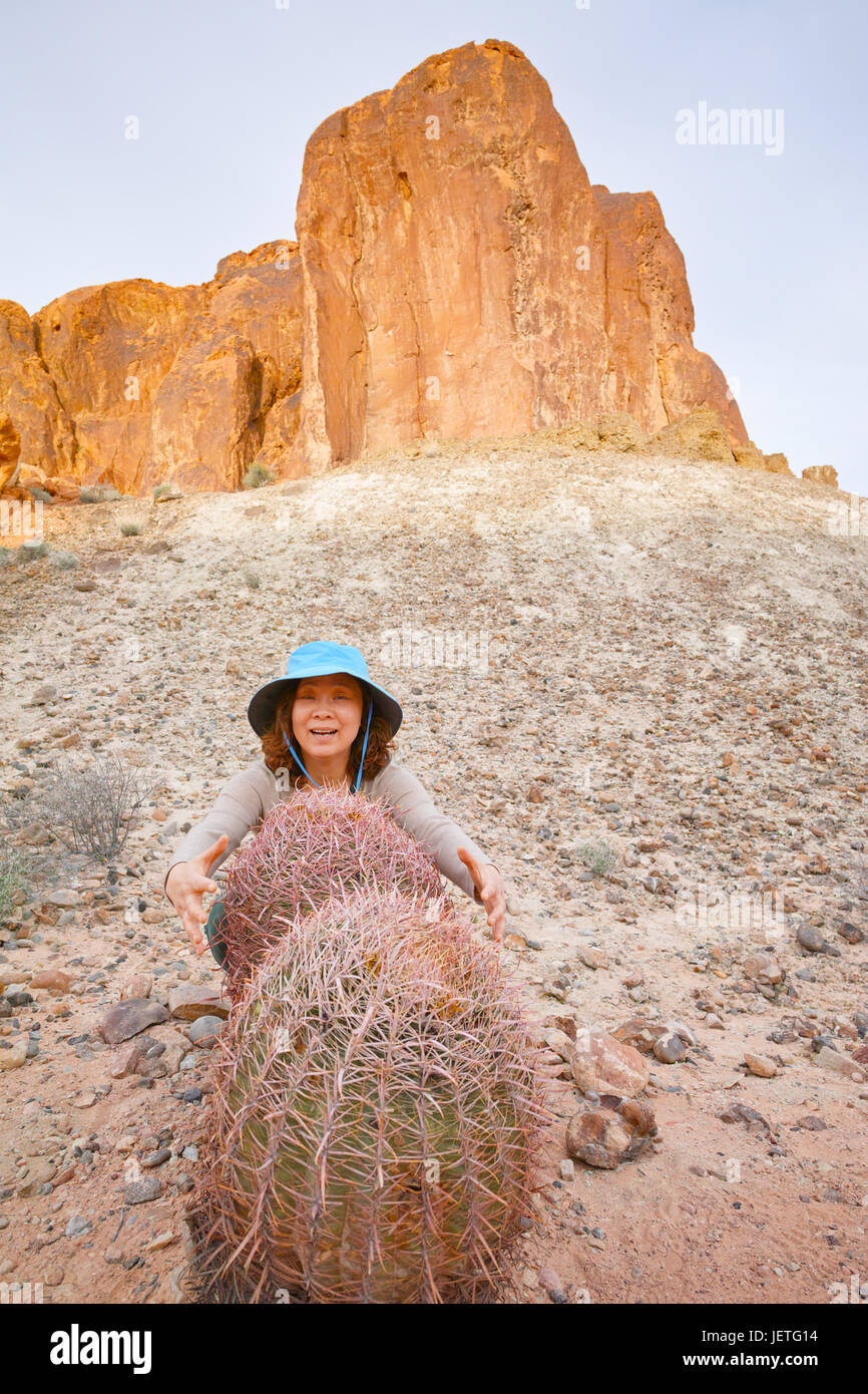 Reisende entdecken große Kaktus Stockfoto