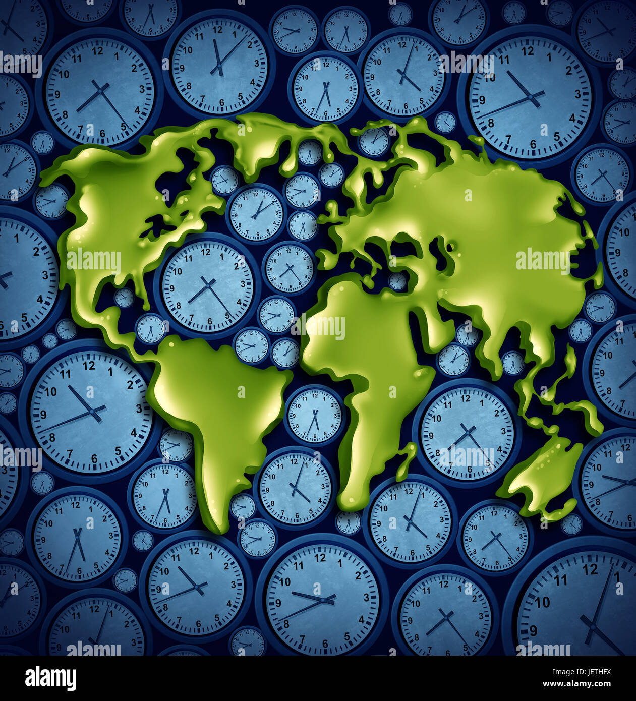 Welt Zeitzonen Geschäftsreisen Konzept als ein Planet auf andere Uhr Symbole als ein Symbol für internationale Reisen mit 3D Abbildung Elemente. Stockfoto