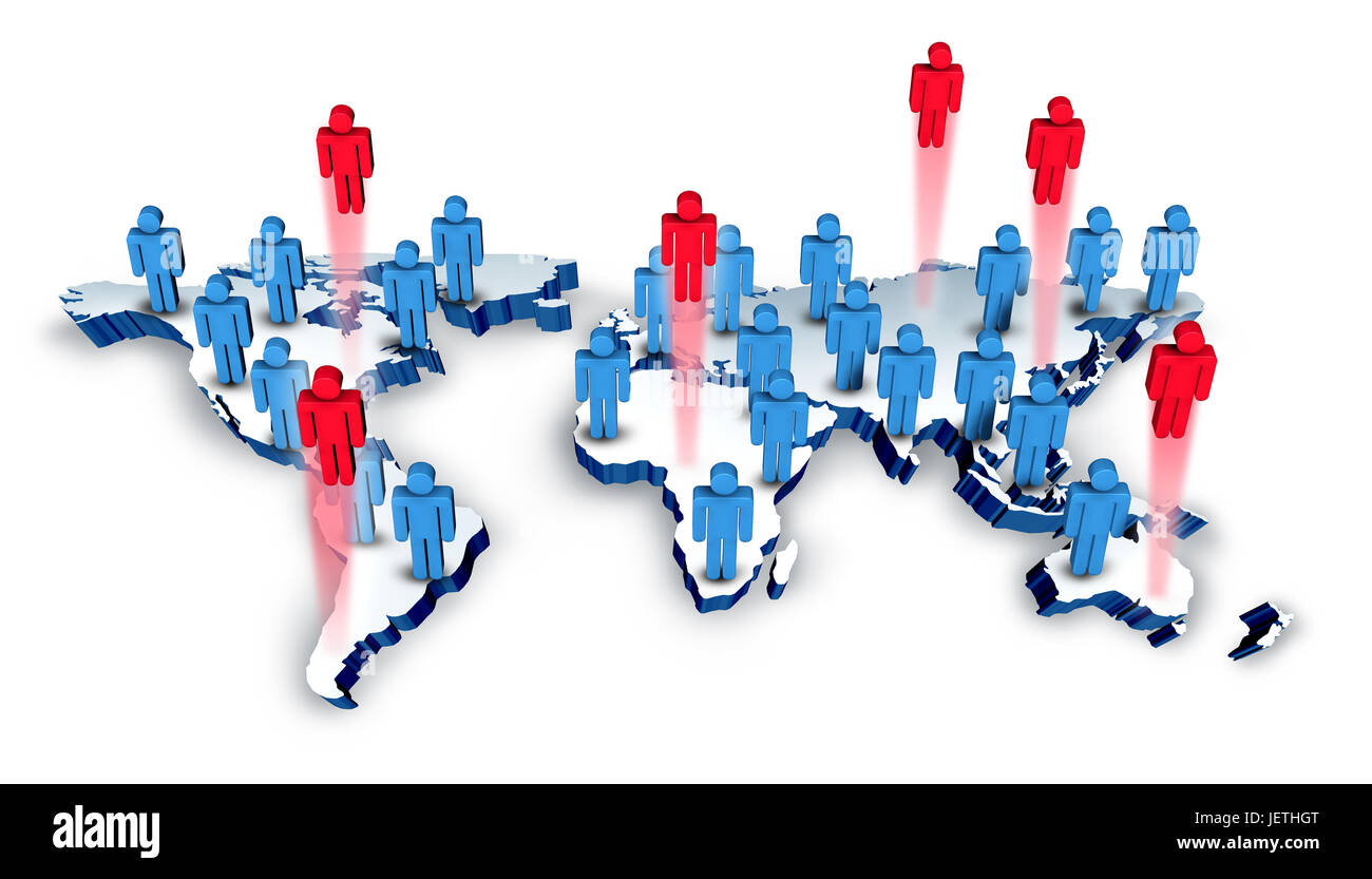 Weltweite Arbeitsvermittlungs und international Business Konzept als eine Gruppe von Menschen Symbole auf eine Welt Geographie mit roten Mitarbeiter einstellen. Stockfoto