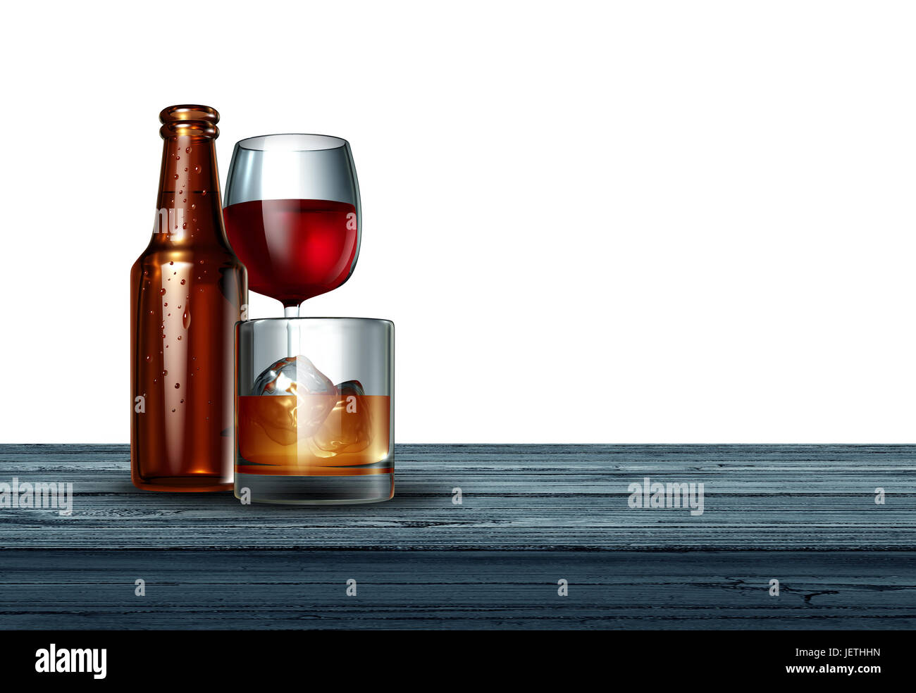 Alkohol auf einem weißen Hintergrund als eine Flasche Bier, Wein und ein Glas Schnaps als Whiskey oder Scotch auf einen Balken als trinken oder Alkoholismus. Stockfoto