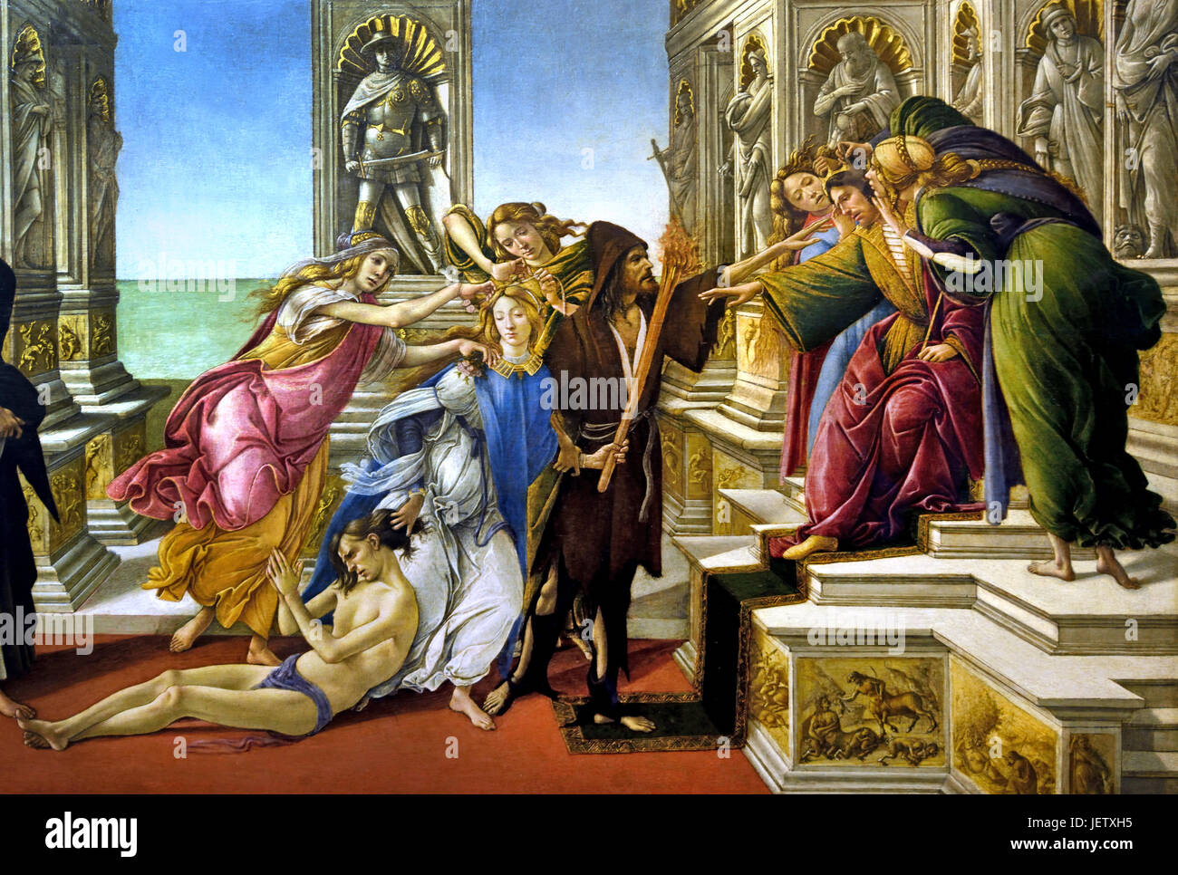 Verleumdung von Apelles 1495 Sandro Botticelli (Alessandro di Mariano Filipepi) 1445-1510 Florenz italienische Maler Florentiner Schule Frührenaissance. (Botticelli schuf dieses Gemälde auf die Beschreibung eines Gemäldes von Apelles, ein griechischer Maler aus der hellenistischen Zeit. Apelles) Stockfoto