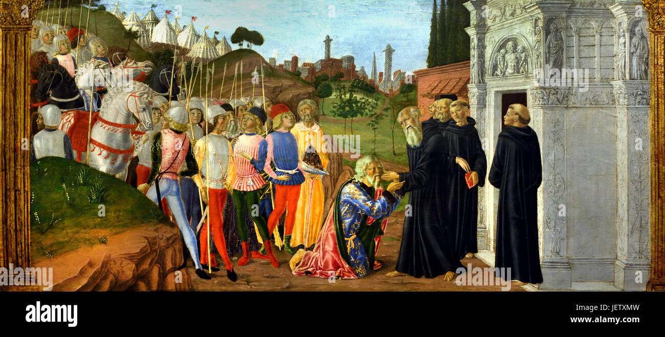 Drei Episoden aus dem Leben von Str. Benedict von Neroccio di Bartolomeo de' Landi - Neroccio Dei Landi (1447-1500 italienische Maler und Bildhauer der Frührenaissance oder der Quattrocento Periode in Siena Italien. Stockfoto