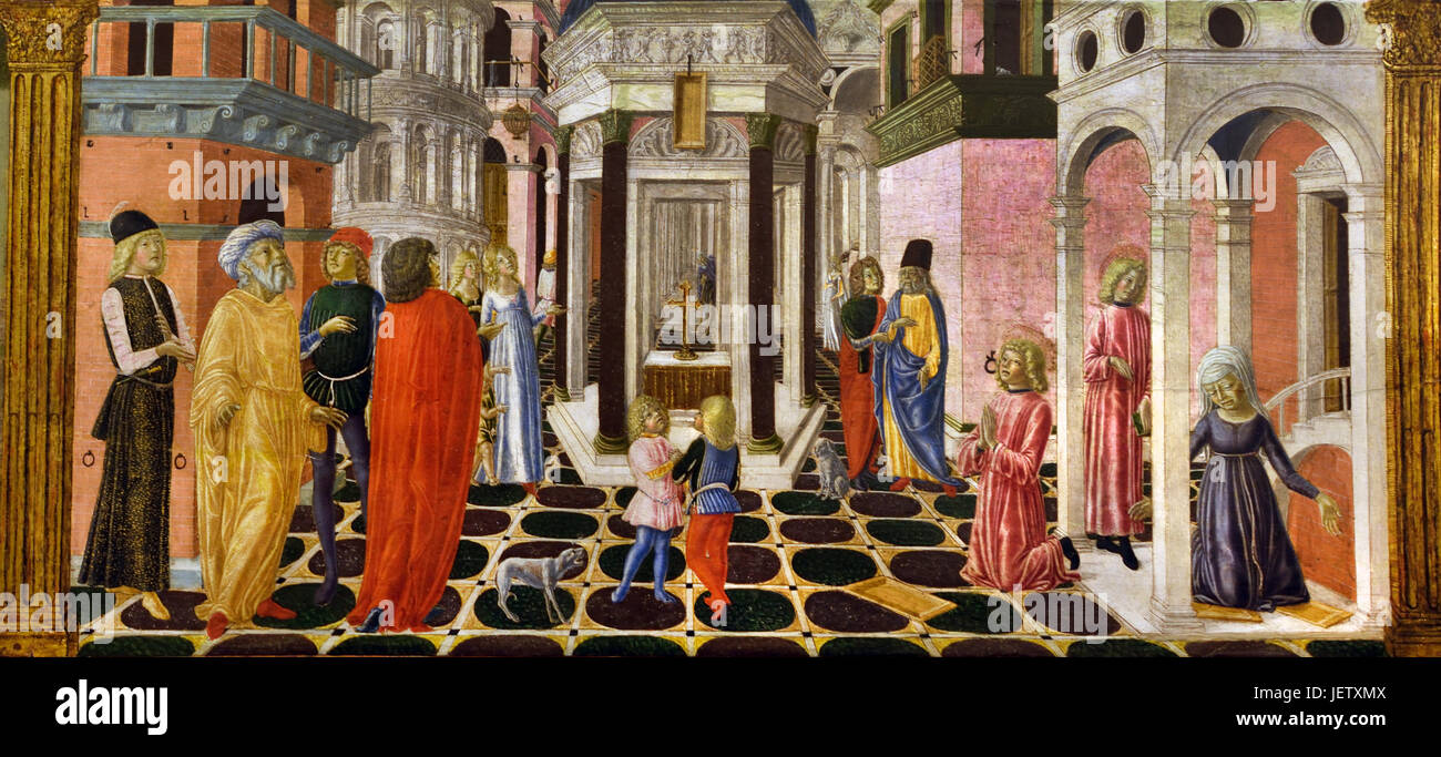 Drei Episoden aus dem Leben von Str. Benedict von Neroccio di Bartolomeo de' Landi - Neroccio Dei Landi (1447-1500 italienische Maler und Bildhauer der Frührenaissance oder der Quattrocento Periode in Siena Italien. Stockfoto