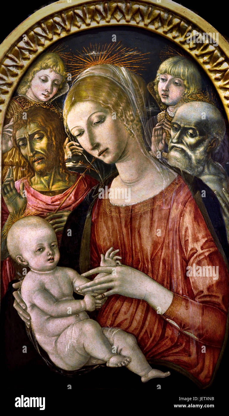 Madonna und Kind mit Engeln und Johannes der Täufer und Hl. Hieronymus.  ca. 1460-70 Matteo di Giovanni 1430 – 1495 Siena italienischen Renaissance-Künstler von der Sieneser Schule. Stockfoto