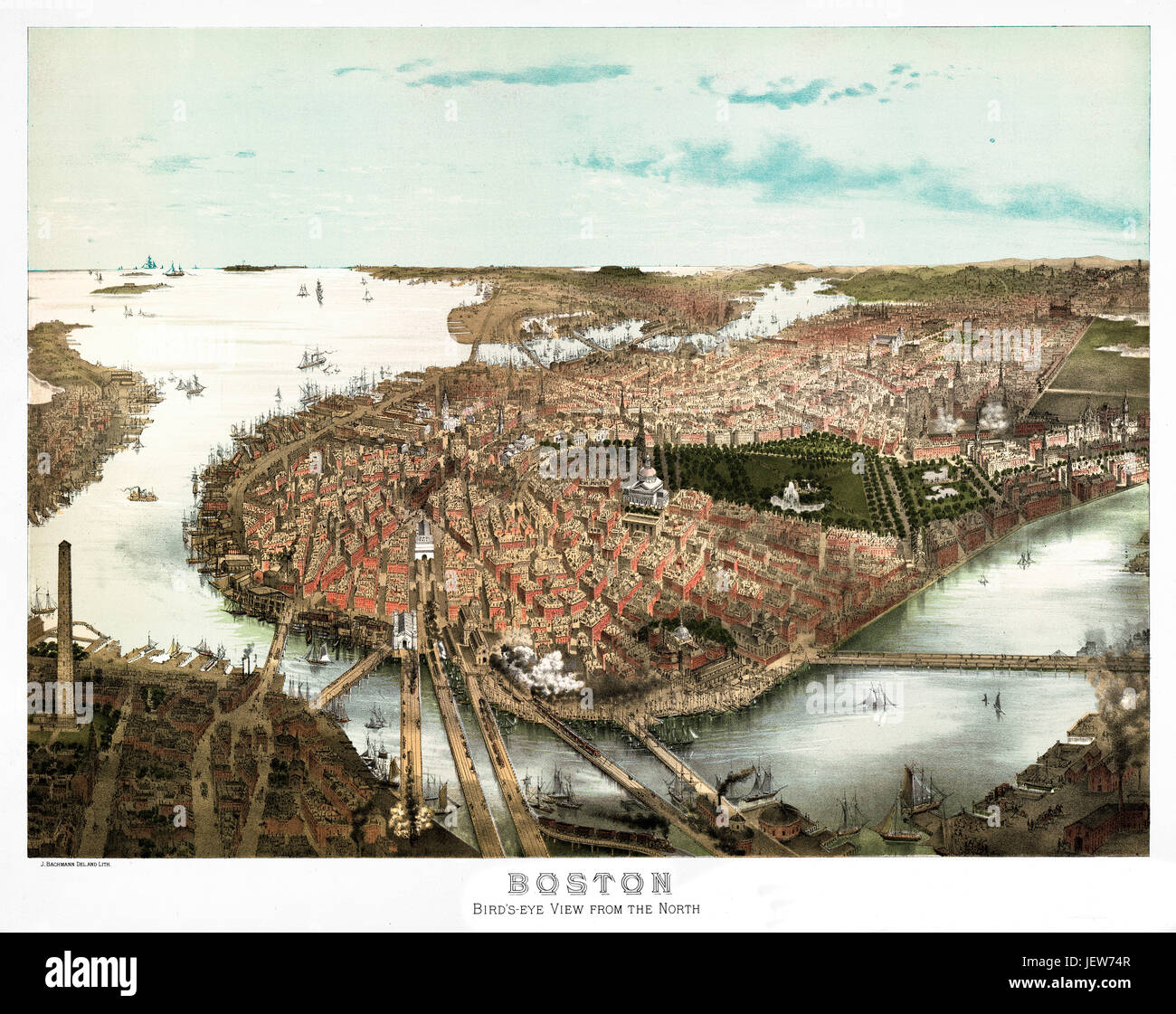 Alten Luftbild von Boston, Massachusetts. Von John Bachmann. Hrsg. L. Prang & Co., Boston, 1877 Stockfoto