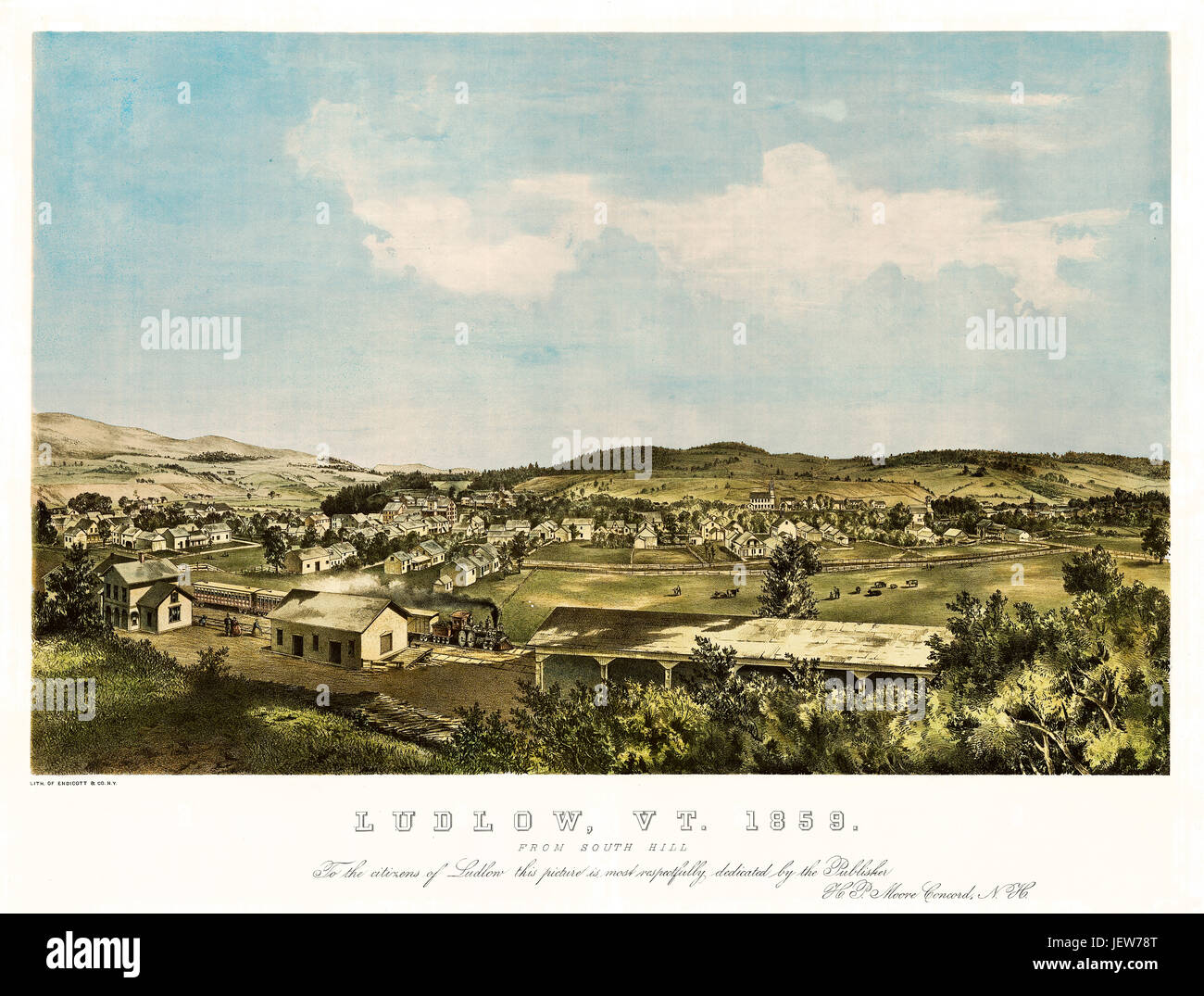 Alte Vogel-Auge Ansicht von Ludlow, Vermont. Erstellt von N.H. Concord, publ. h.p. Moore, Endicott & Co., New York, 1859 Stockfoto