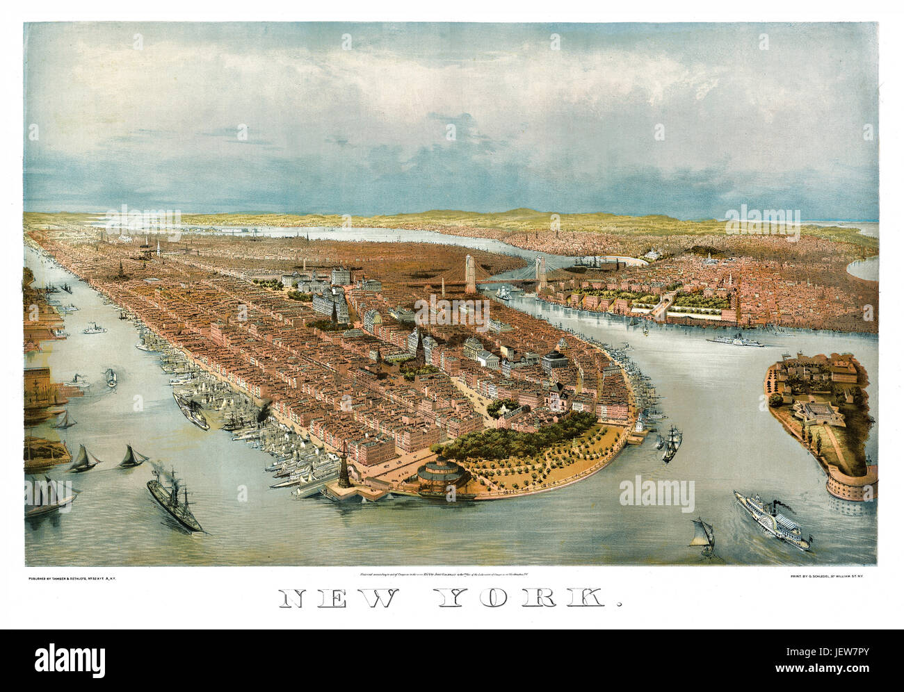 Alten Luftbild von New York. Von John Bachmann und George Schlegel. Publ Tamsen & Dethlefs NewYork, 1874 Stockfoto