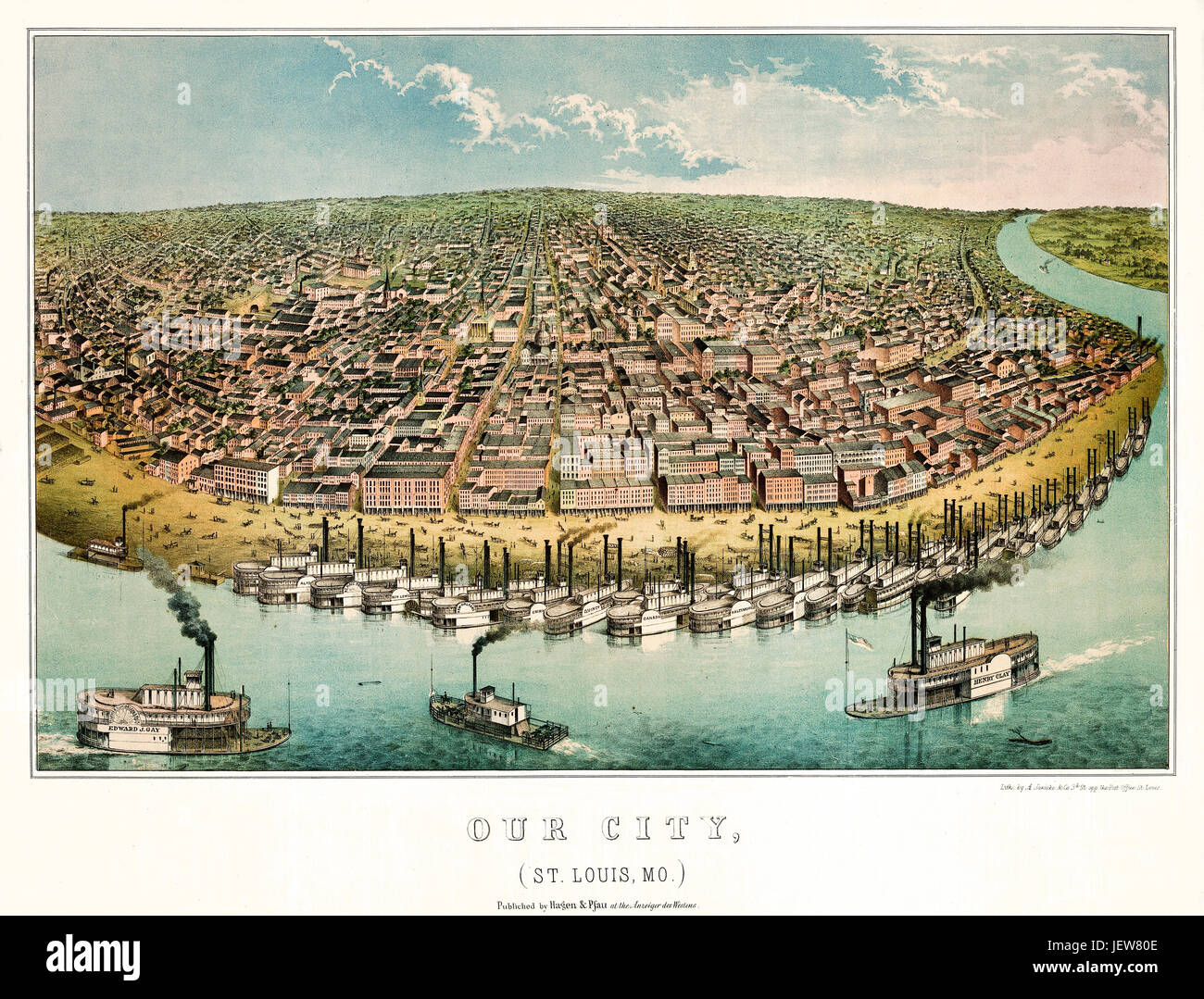 Alten Luftbild von Saint-Louis, Missouri. Erstellt von Luxusbeilage & Co., publ. Hagen & Pfau auf Anzeiger des Westen, Saint Louis, 1859 Stockfoto