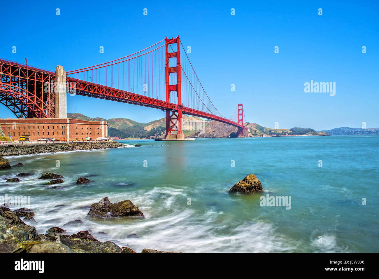 Langzeitbelichtung der Golden Gate Bridge in San Francisco Stockfoto
