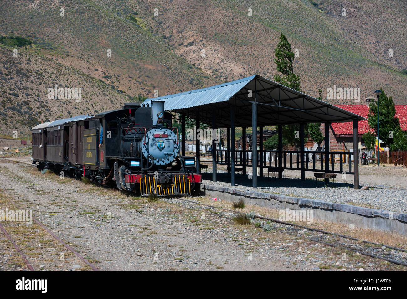 Bahnhof von La Trochita der alte Patagonien-Express zwischen Esquel und El Maitén in Provinz Chubut, Argentinien, Südamerika Stockfoto