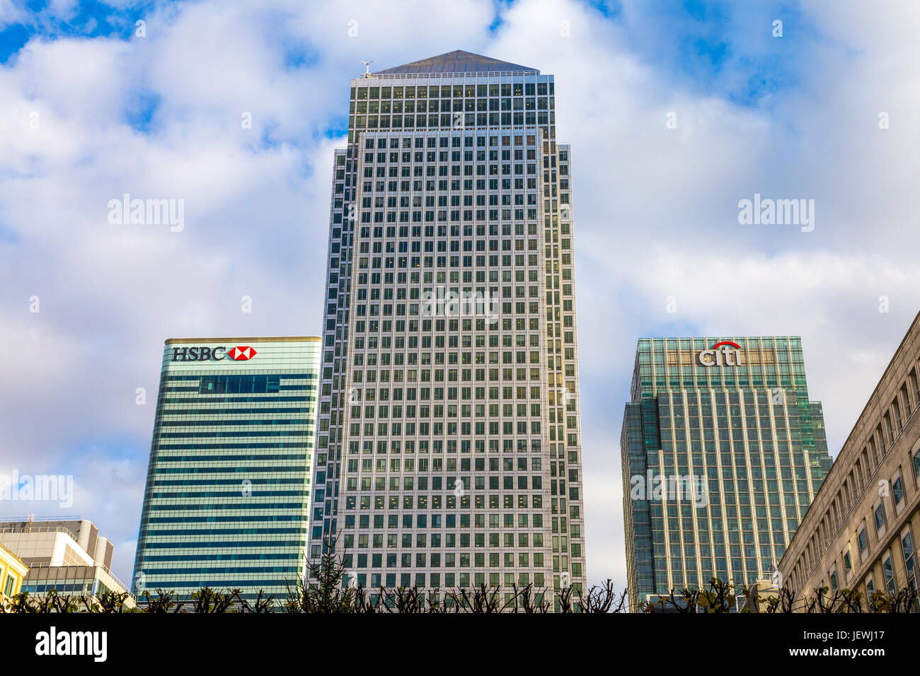 Türme der Canary Wharf - 8 Canada Square (HSBC), One Canada Square und 25 Canada Square (Citigroup), London, UK Stockfoto