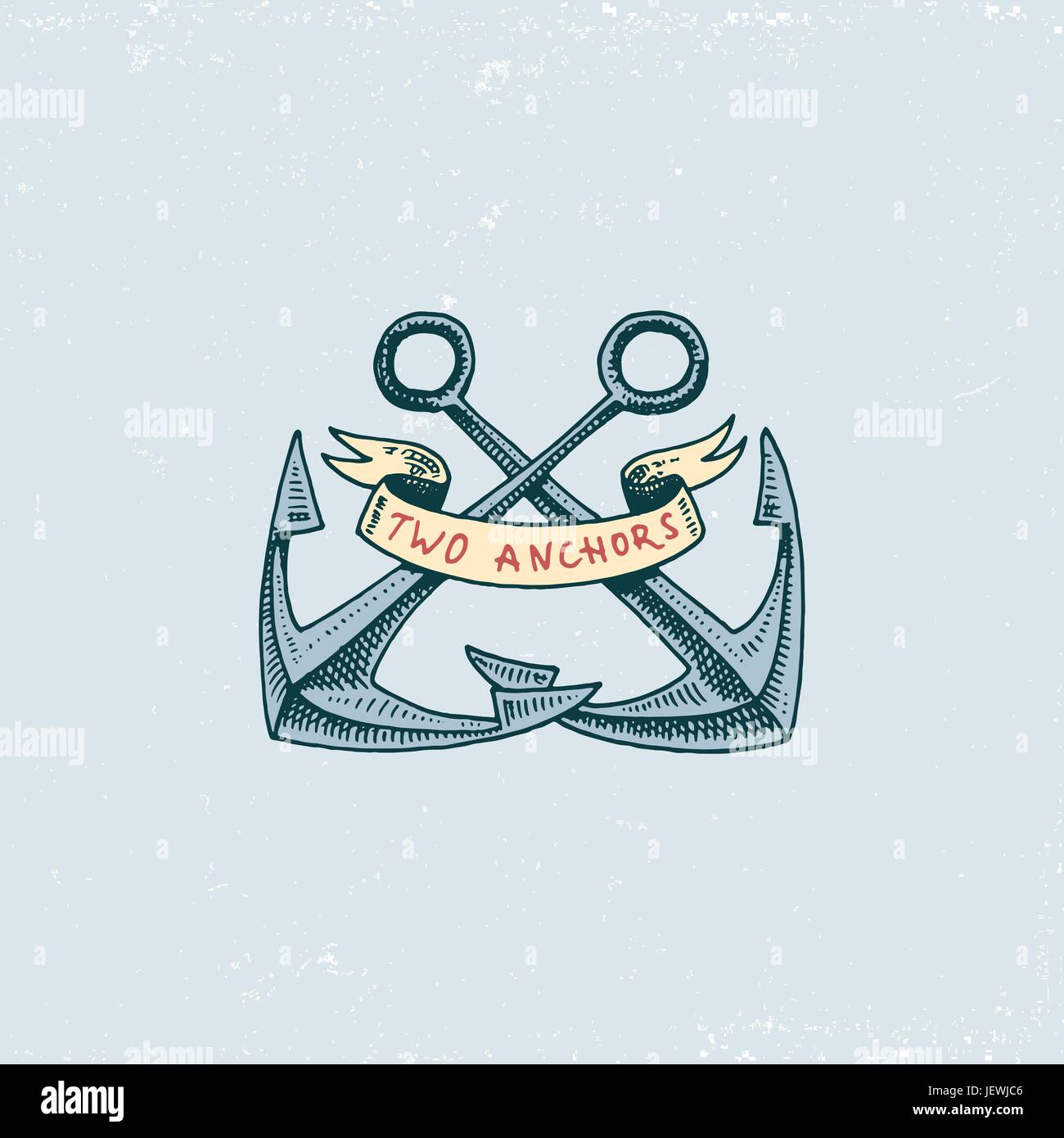 Reihe von gravierten Jahrgang, Hand gezeichnet, alte, Etiketten oder Abzeichen. Willkommen an Bord, zwei Anker. Marine und nautischen oder Meer, Ozean-Embleme. Stock Vektor