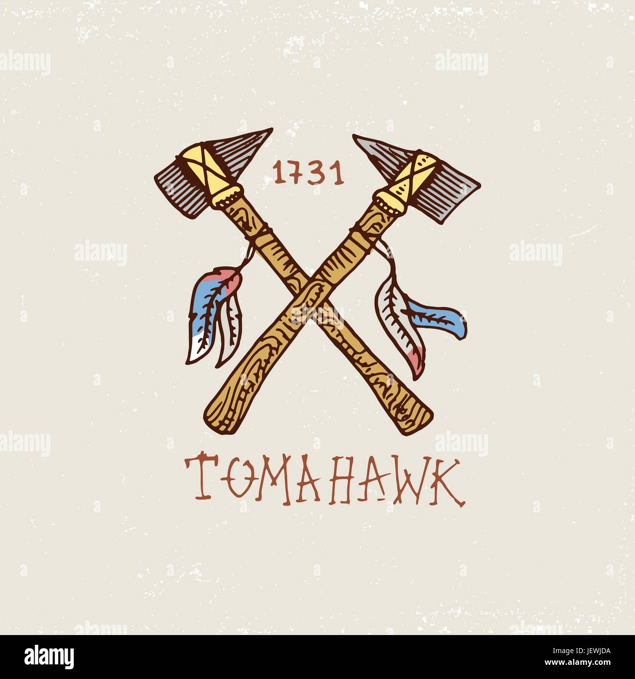 Satz von gravierten Jahrgang, hand gezeichnet, alt, Etiketten oder Abzeichen für indische oder Indianer. Achsen und Tomahawk. Stock Vektor