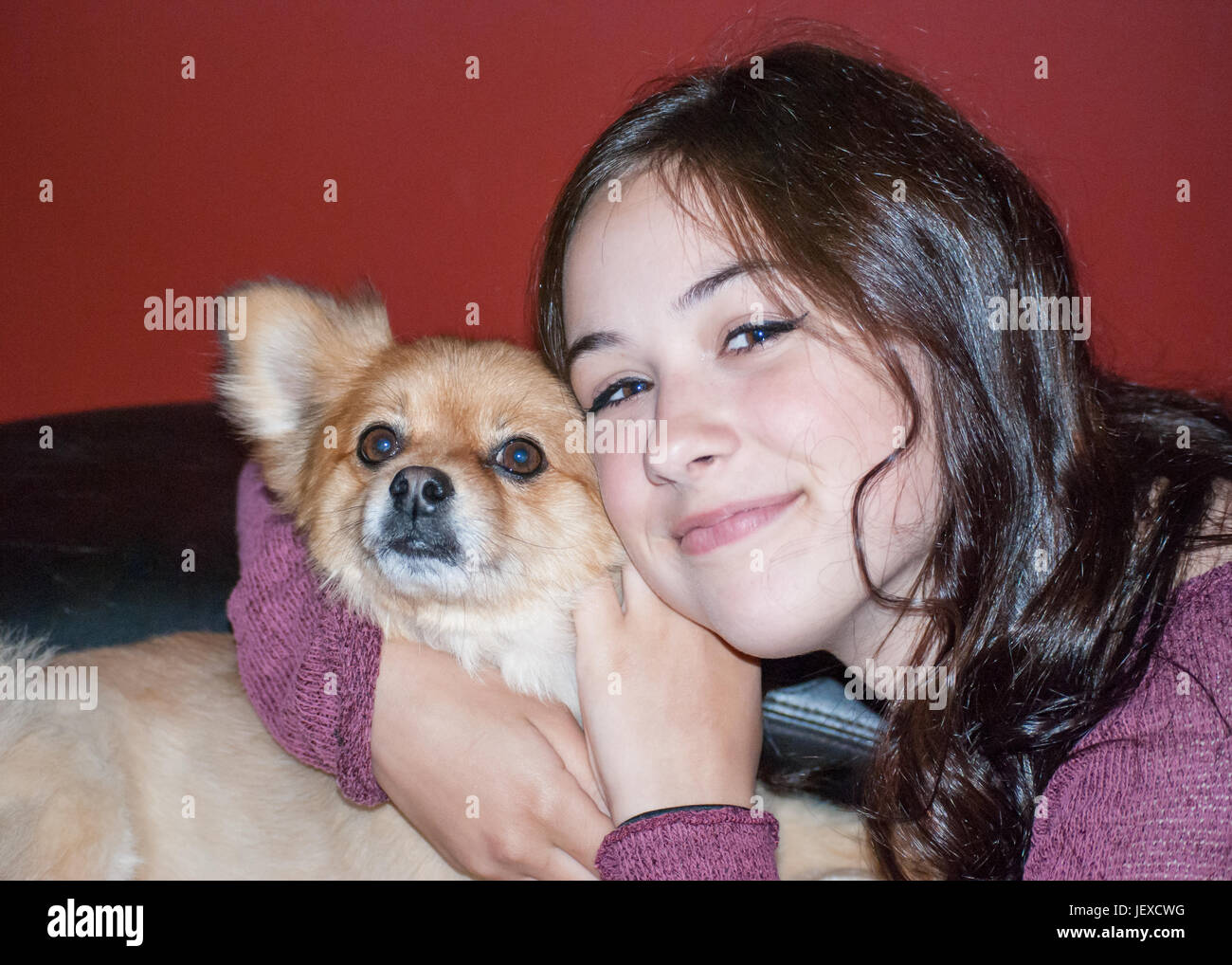 Mädchen halten Hund mit einem Lächeln Stockfoto