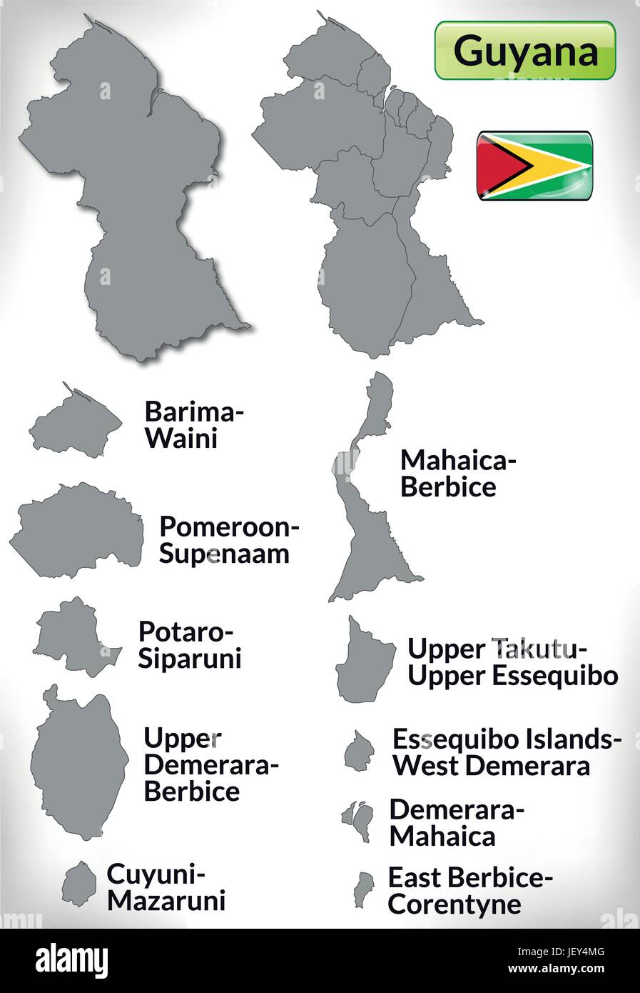 Karte, Gliederung, Verwaltung, Grenzen, Staat, Guyana, Atlas, Karte der Welt, Stock Vektor