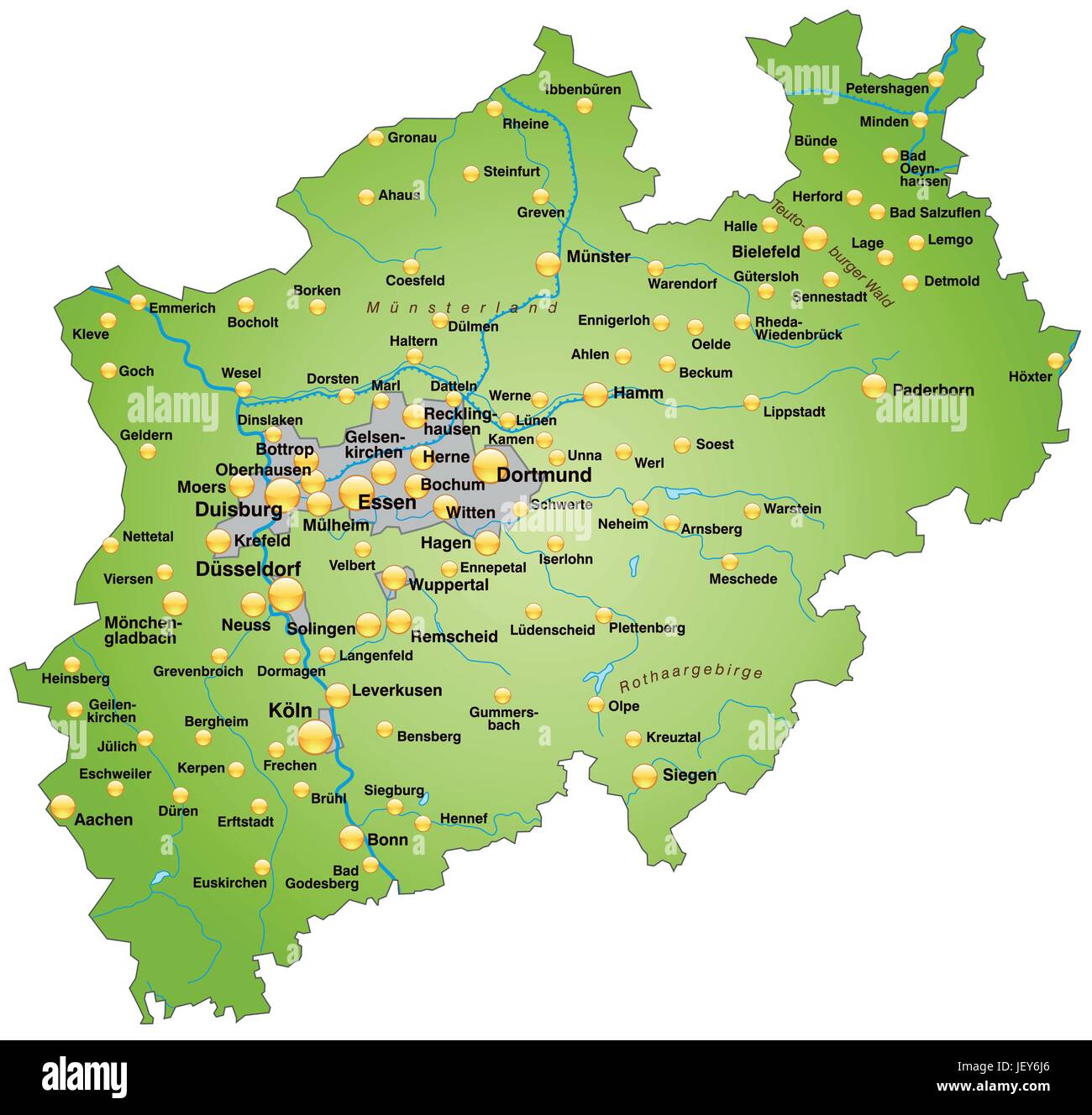 Karte von Nordrhein-Westfalen als eine Übersichtskarte in grün Stock Vektor