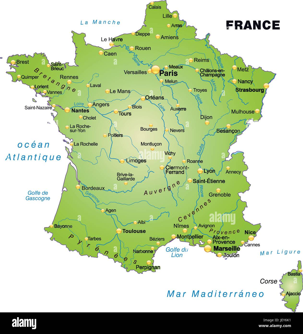 Frankreich, Gliederung, Grenzen, Atlas, Karte, Karte der Welt, Karte, Frankreichkarte Stock 
