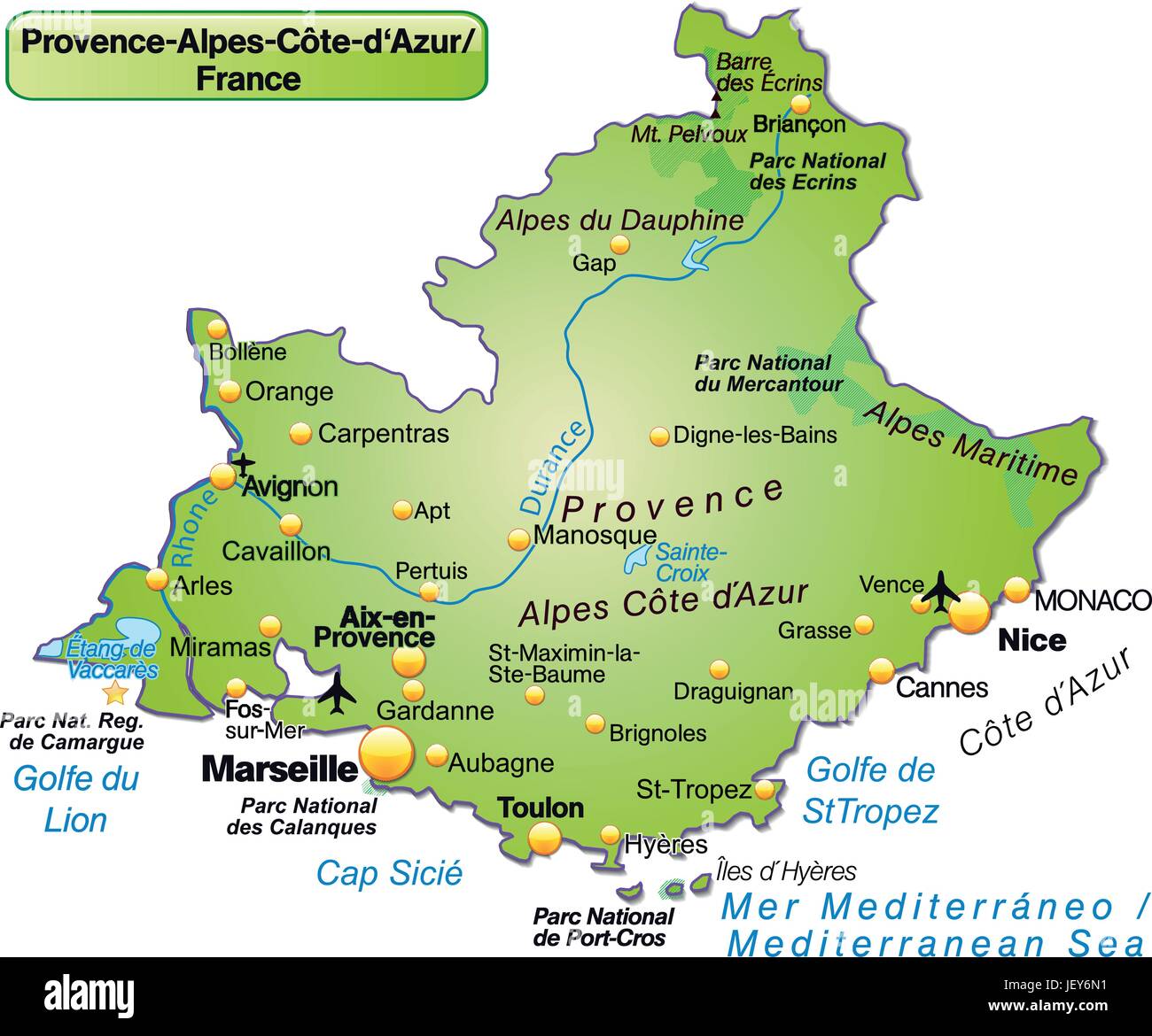 Inselkarte von Provence-Alpes-Cte d ' Azur als eine Übersichtskarte in grün Stock Vektor