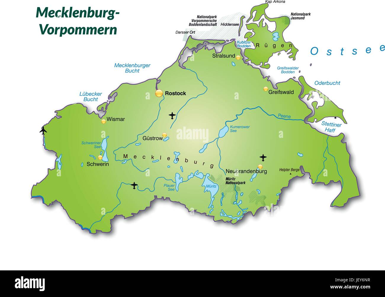Karte des Landes Mecklenburg-Vorpommern als eine Übersichtskarte in grün Stock Vektor