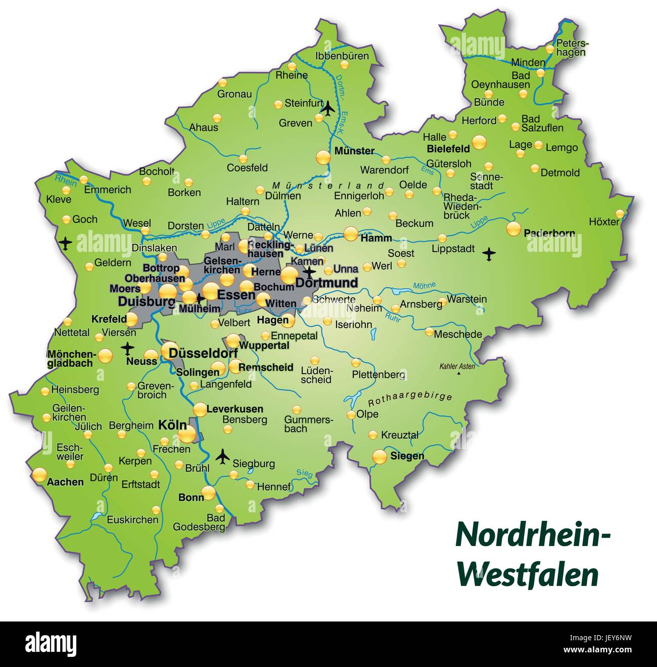 Karte von Nordrhein-Westfalen als eine Übersichtskarte in grün Stock Vektor