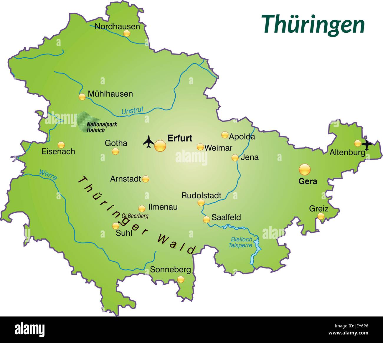 Inselkarte von Thüringen als eine Übersichtskarte in grün Stock