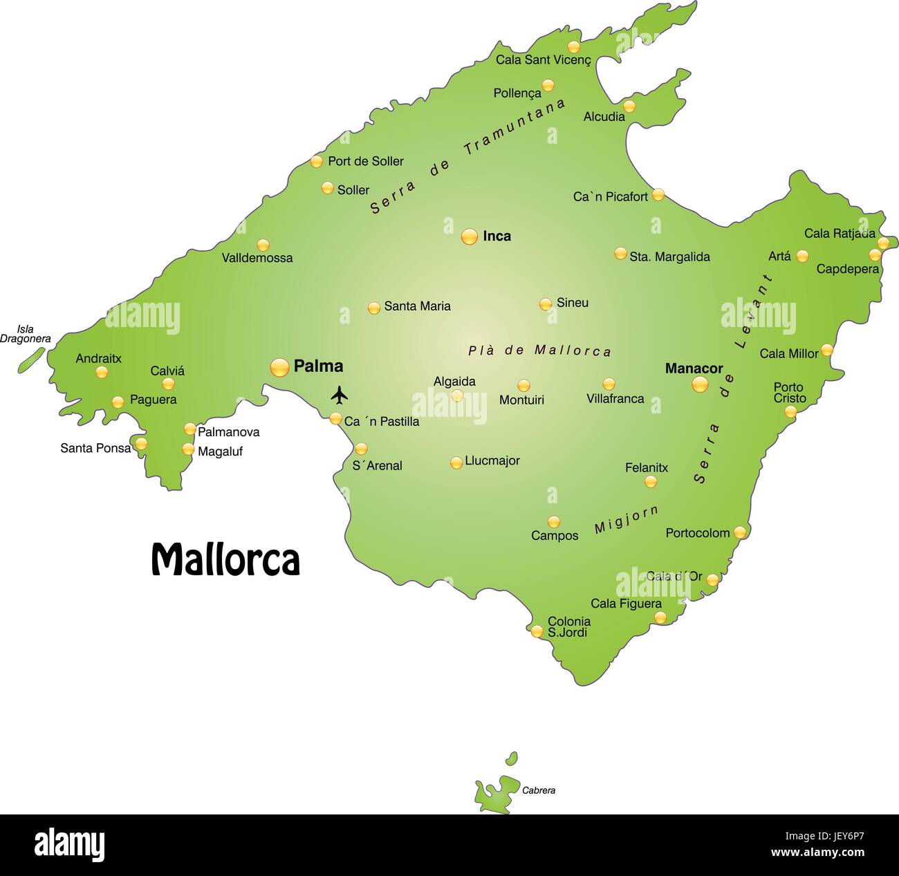 Karte von Mallorca als eine Übersichtskarte in grün Stock Vektor