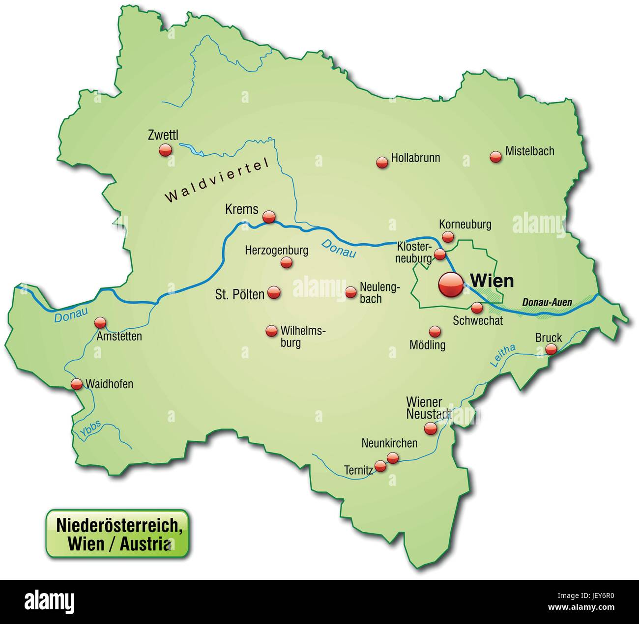 Karte von Niederösterreich als eine Übersichtskarte in Pastellgrün Karte von Niederösterreich als eine Übersichtskarte in Pastellgrün