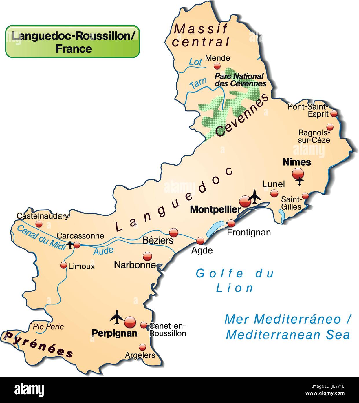 Inselkarte von Languedoc-Roussillon als eine Übersichtskarte in pastelorange Stock Vektor