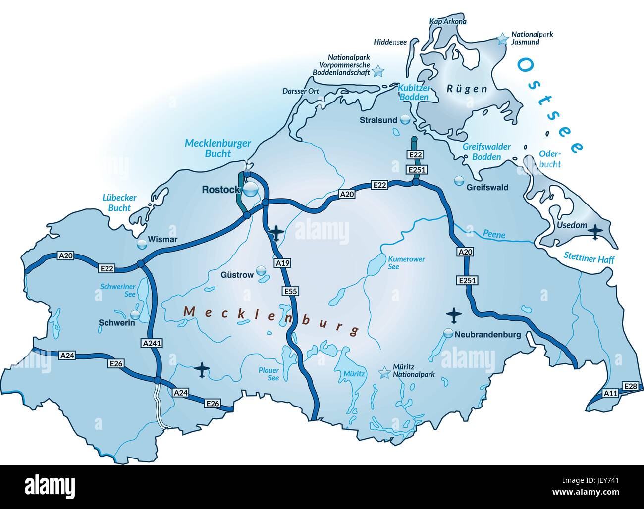 Karte von Mecklenburg-Vorpommern mit Verkehrsnetz in blau Stock Vektor