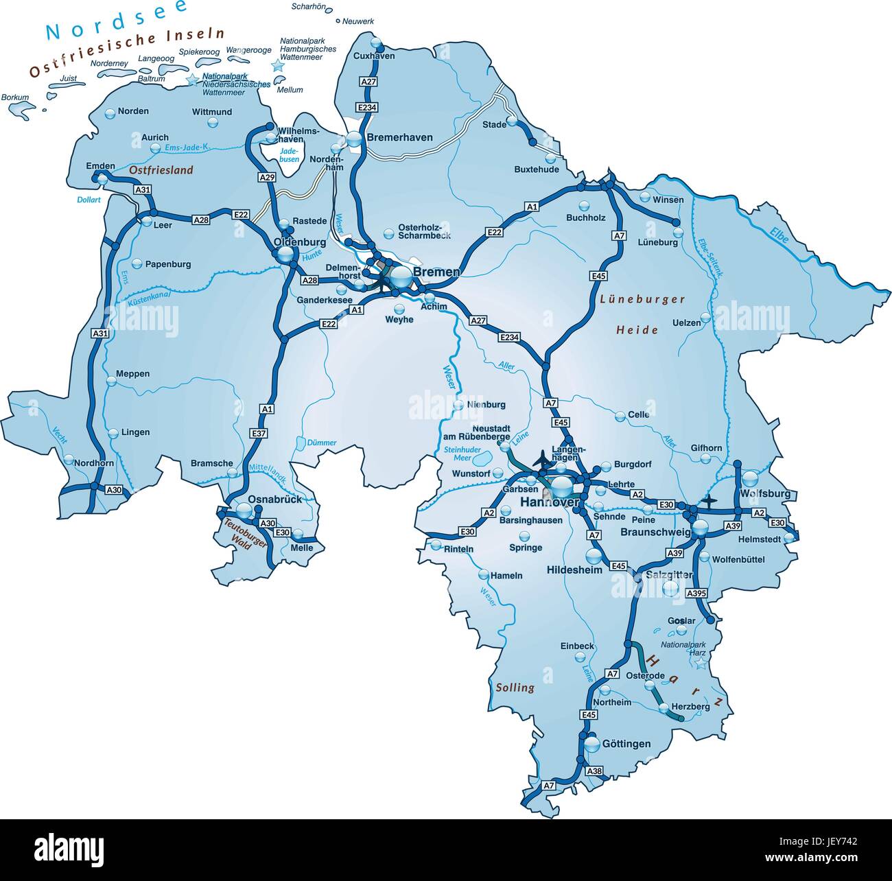 Karte Von Niedersachsen Mit Verkehrsnetz In Blau Stock Vektorgrafik Alamy