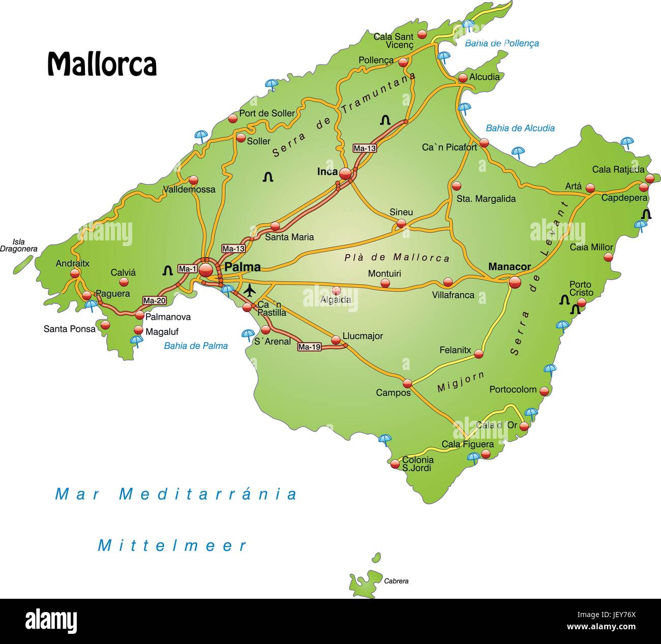 Karte von Mallorca mit Verkehrsnetz Stock Vektor